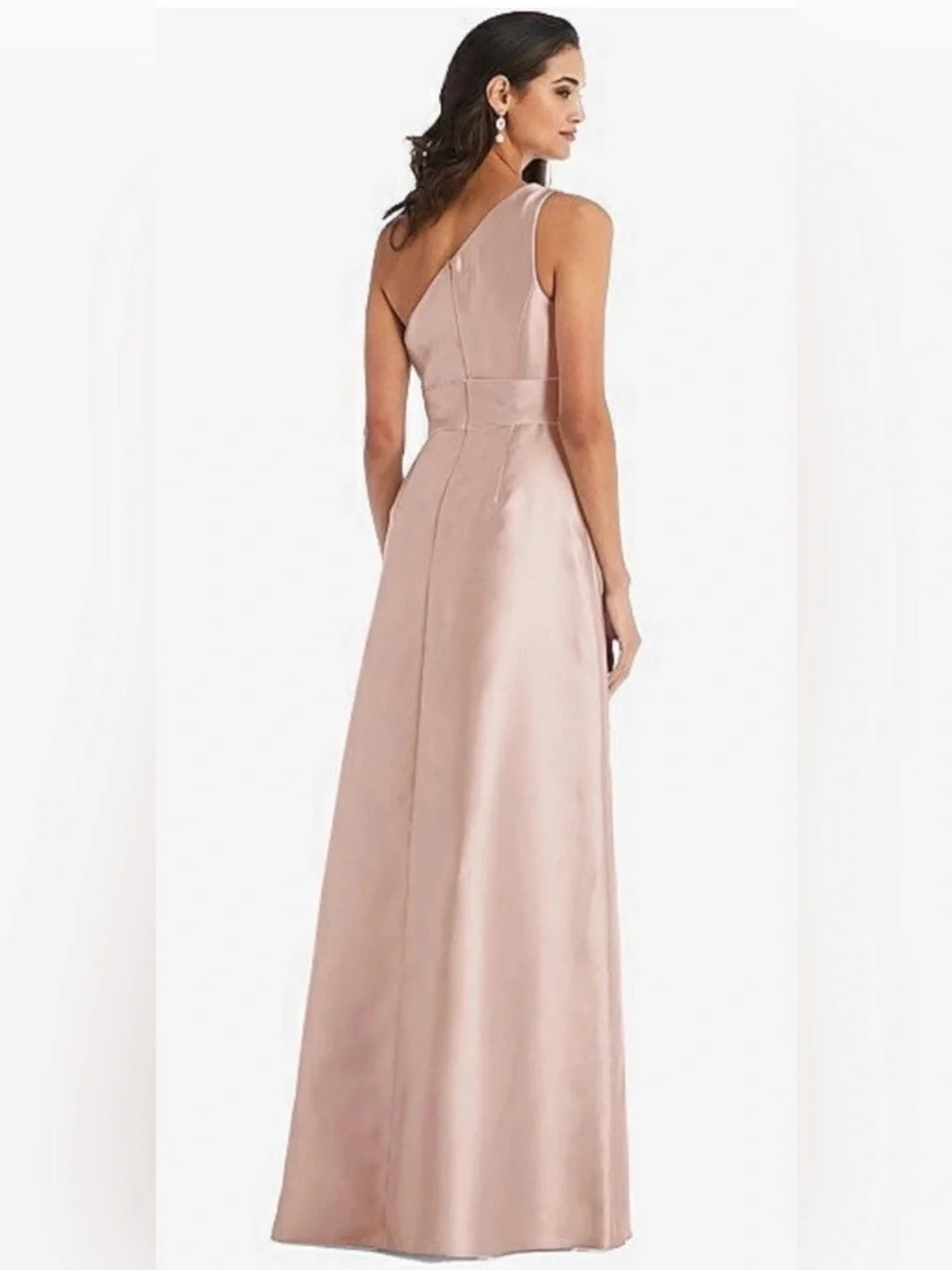 Alfred Sung Draped One Shoulder Satin Maxi Dress with Pockets Toasted Sugar - Picture 3 of 10